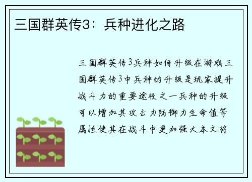 三国群英传3：兵种进化之路